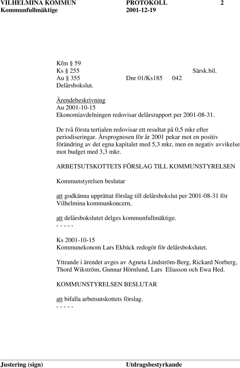 Årsprognosen för år 2001 pekar mot en positiv förändring av det egna kapitalet med 5,3 mkr, men en negativ avvikelse mot budget med 3,3 mkr.