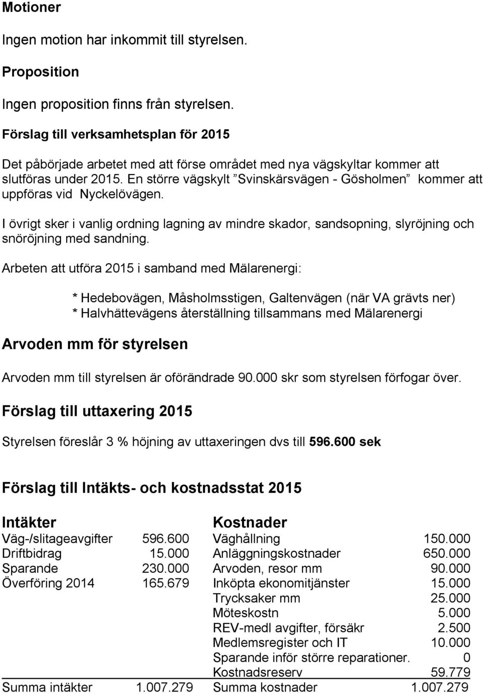 En större vägskylt Svinskärsvägen - Gösholmen kommer att uppföras vid Nyckelövägen. I övrigt sker i vanlig ordning lagning av mindre skador, sandsopning, slyröjning och snöröjning med sandning.