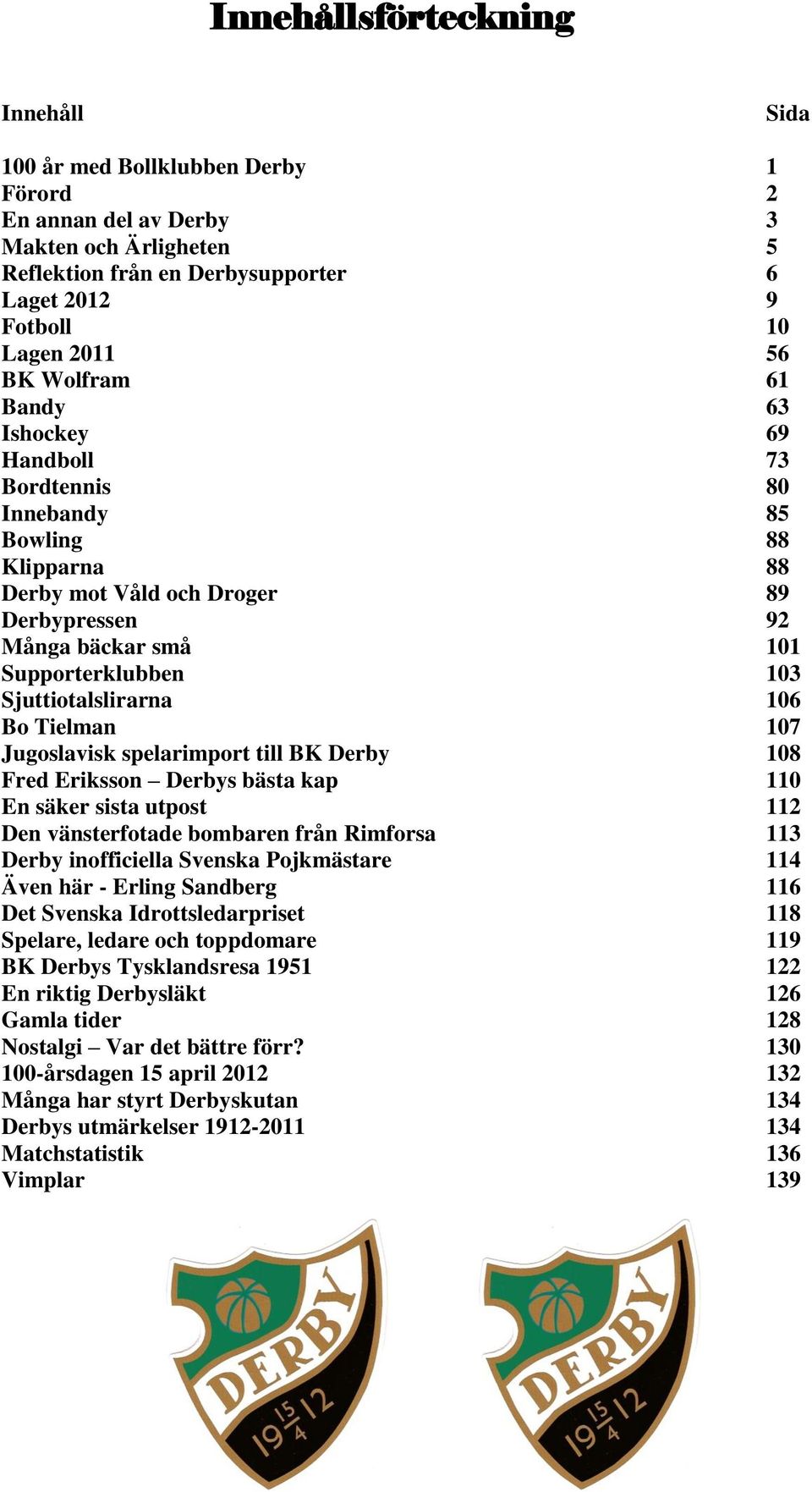 Sjuttiotalslirarna 106 Bo Tielman 107 Jugoslavisk spelarimport till BK Derby 108 Fred Eriksson Derbys bästa kap 110 En säker sista utpost 112 Den vänsterfotade bombaren från Rimforsa 113 Derby