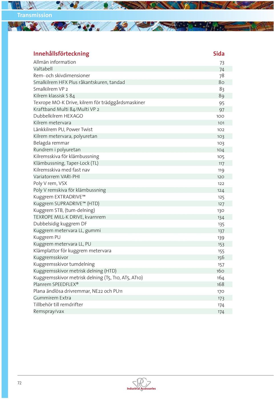 i polyuretan 104 Kilremsskiva för klämbussning 105 Klämbussning, Taper-Lock (TL) 117 Kilremsskiva med fast nav 119 Variatorrem VARI-PHI 120 Poly V rem, VSX 122 Poly V remskiva för klämbussning 124