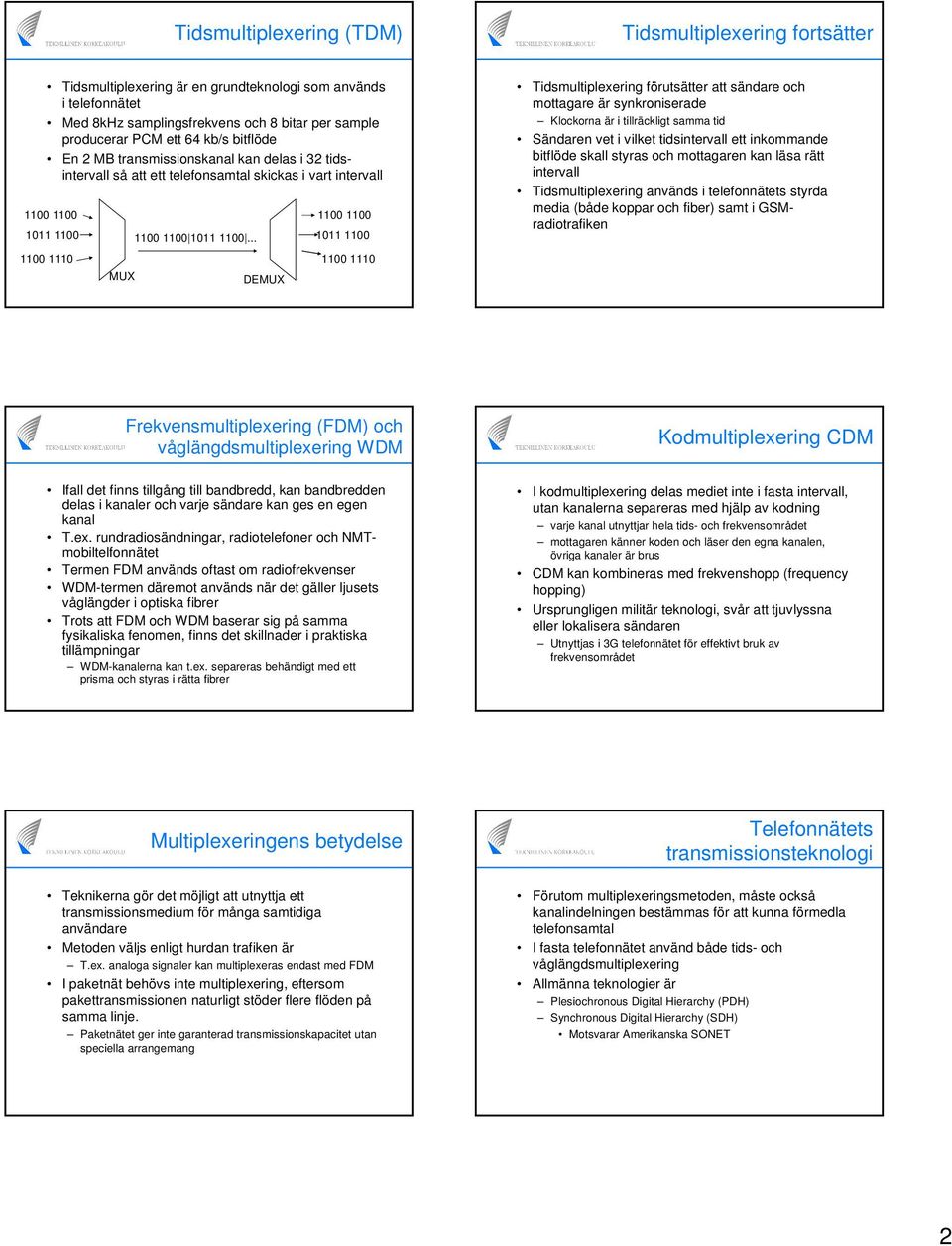 .. DEMUX 1100 1100 1011 1100 1100 1110 Tidsmultiplexering förutsätter att sändare och mottagare är synkroniserade Klockorna är i tillräckligt samma tid Sändaren vet i vilket tidsintervall ett