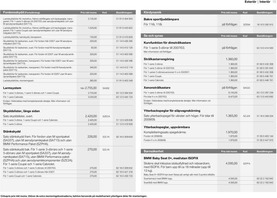 Beställningsnr. KodKördynamik Pris inkl moms Kod Pris inkl Pris Kod moms Beställningsnr. Lackskyddsfolie för motorhuv, främre stötfångare och backspeglar, transparent.