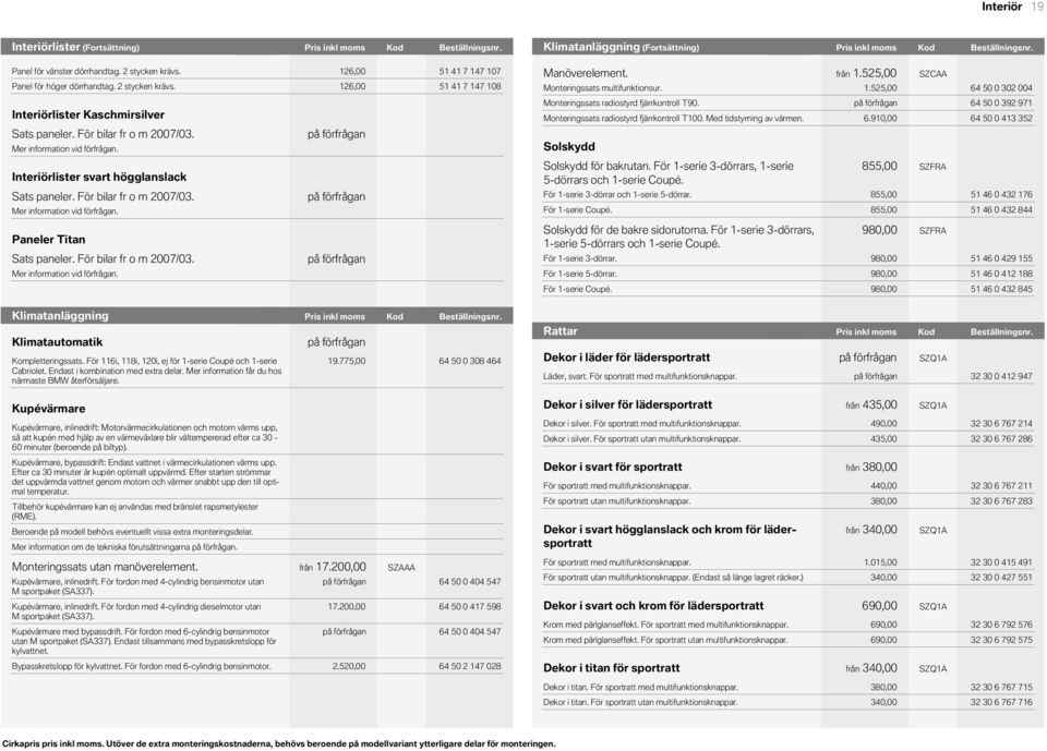 Kod Pris Pris inkl (Fortsättning) Kod moms inkl moms Beställningsnr. Kod KodPris Kod inkl moms Beställningsnr. Panel för vänster dörrhandtag. 2 stycken krävs. Panel för höger dörrhandtag.