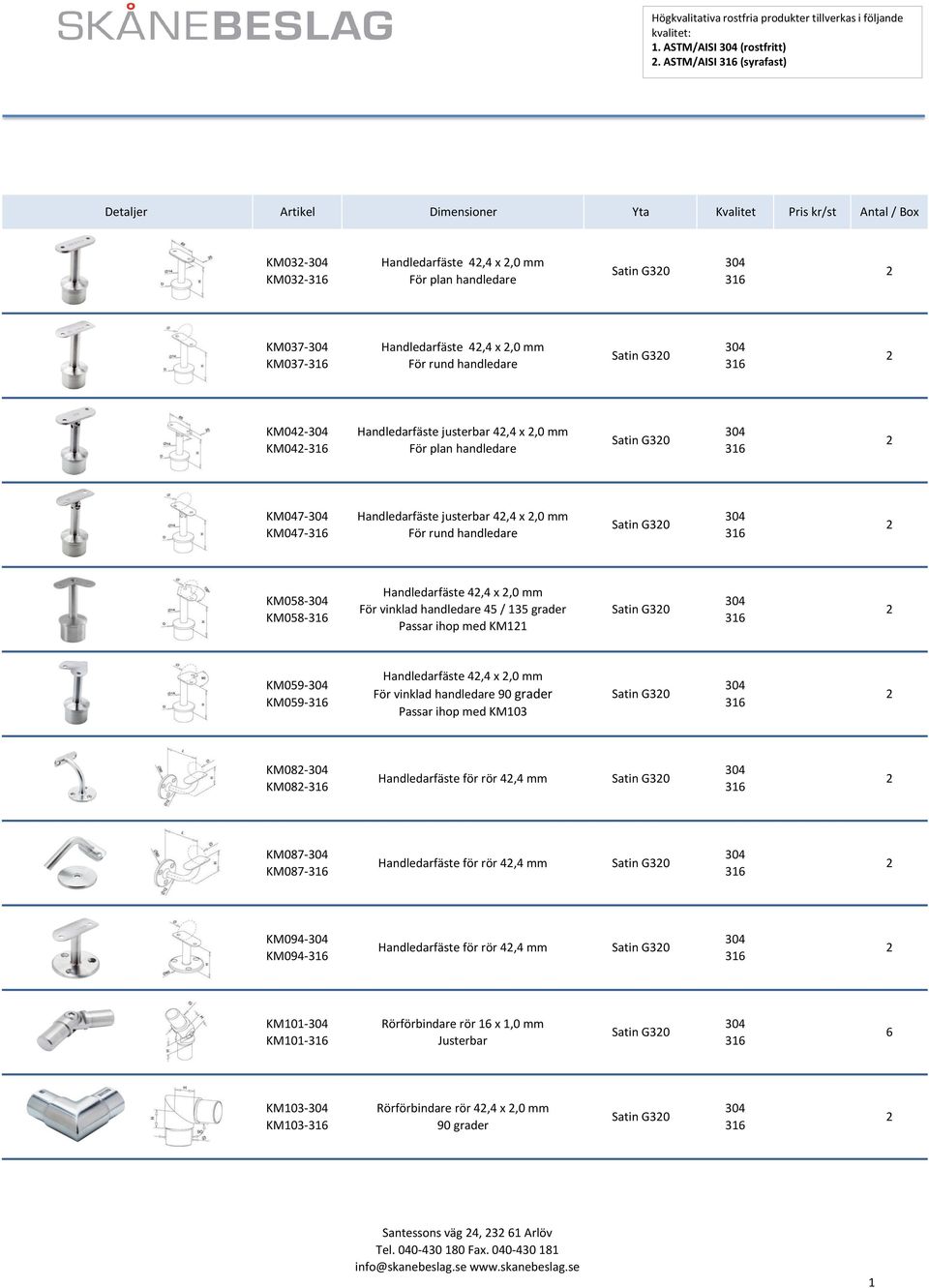 För plan handledare KM07- KM07- Handledarfäste justerbar, x,0 mm För rund handledare KM058- KM058- Handledarfäste, x,0 mm För vinklad handledare 5 / 35 grader Passar ihop med KM