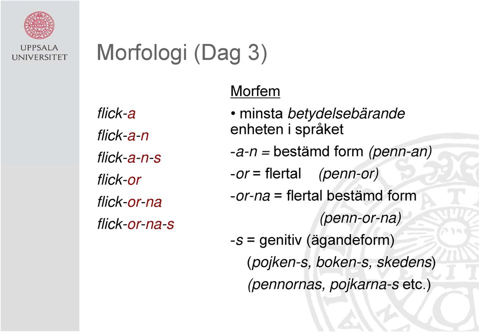 form (penn-an) -or = flertal (penn-or) -or-na = flertal bestämd form