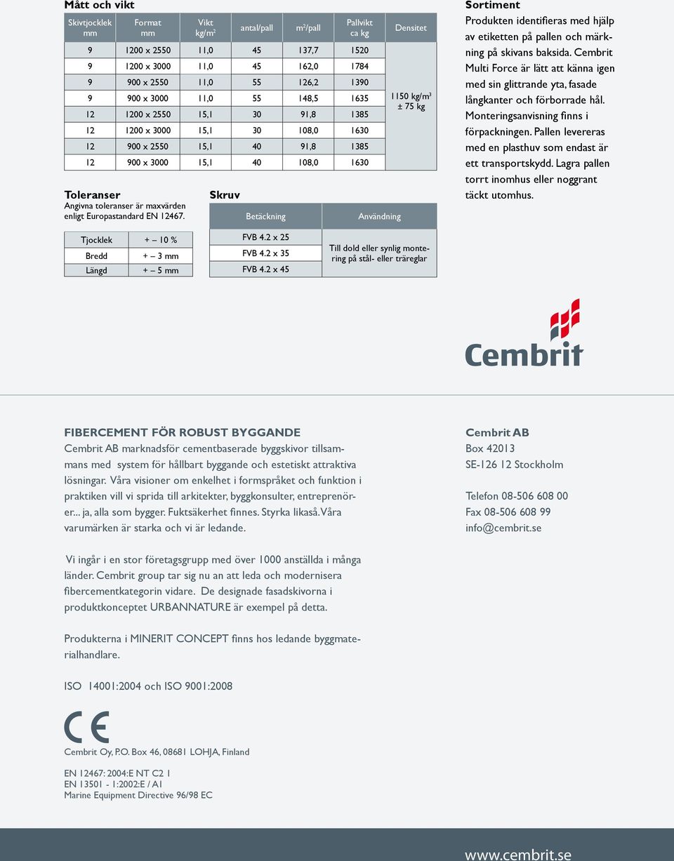 Europstndrd EN 12467. Skruv Betäkning Användning Densitet 1150 kg/m 3 ± 75 kg Sortiment Produkten identifiers med hjälp v etiketten på pllen oh märkning på skivns ksid.