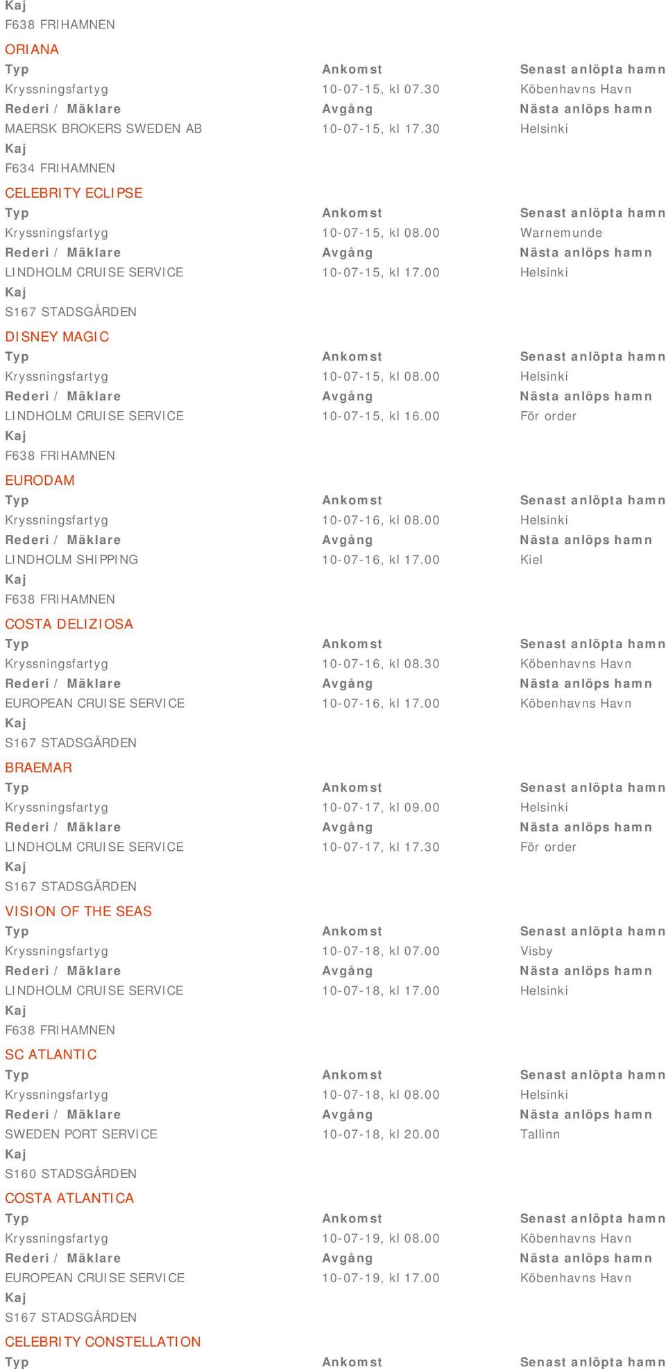 00 För order EURODAM Kryssningsfartyg 10-07-16, kl 08.00 Helsinki LINDHOLM SHIPPING 10-07-16, kl 17.00 Kiel COSTA DELIZIOSA Kryssningsfartyg 10-07-16, kl 08.