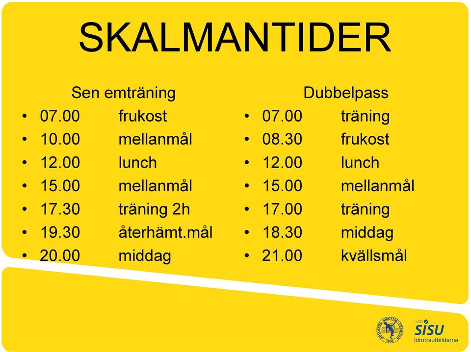 mål 20.00 middag Dubbelpass 07.00 träning 08.30 frukost 12.