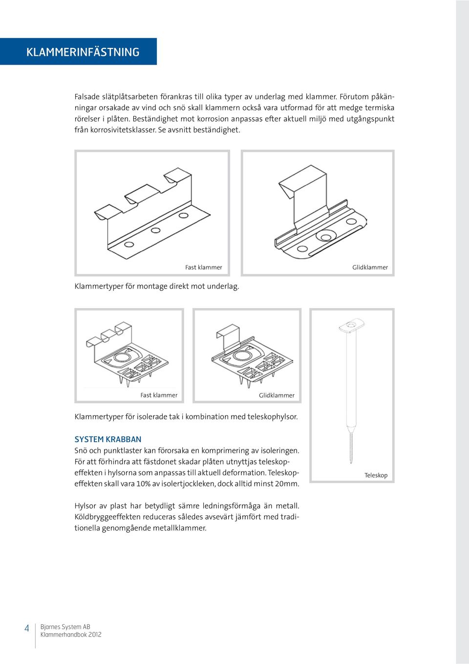 Beständighet mot korrosion anpassas efter aktuell miljö med utgångspunkt från korrosivitetsklasser. Se avsnitt beständighet. Fast klammer Glidklammer Klammertyper för montage direkt mot underlag.