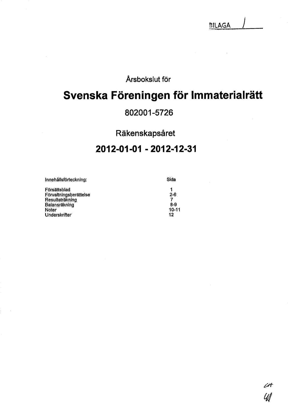 Inriehällsförtecknihg: Sida Försättsblad 1