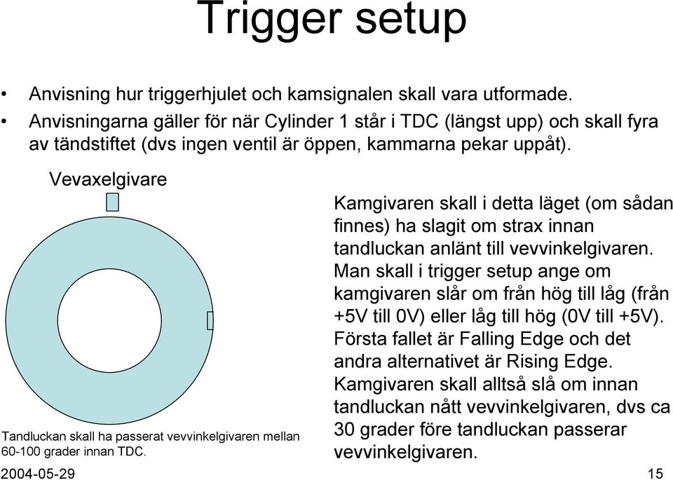 Vevaxelgivare Tandluckan skall ha passerat vevvinkelgivaren mellan 60-100 grader innan TDC.