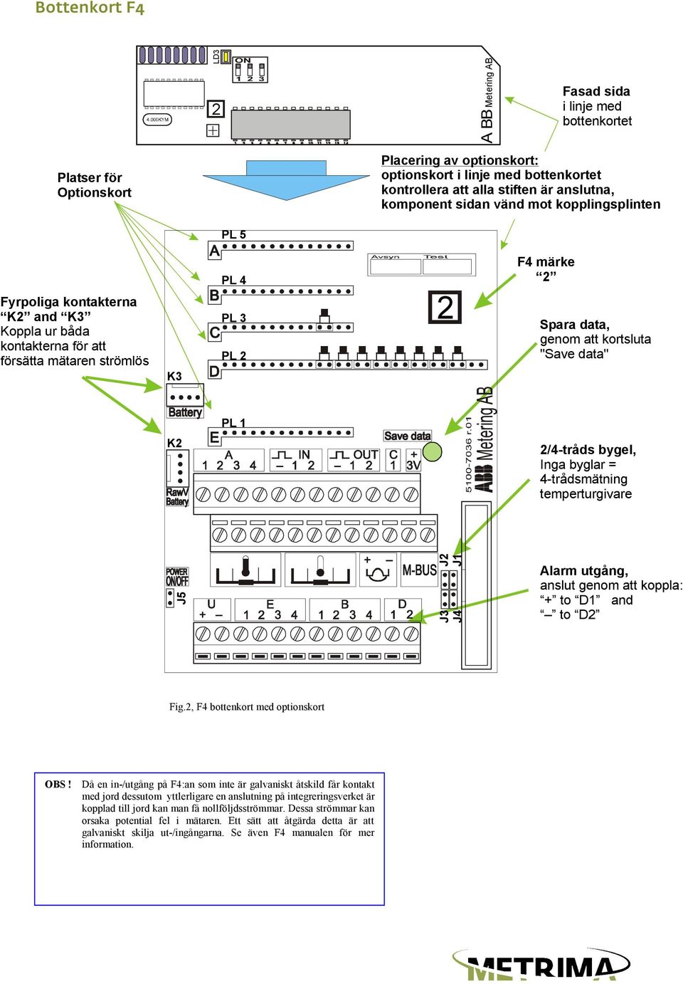 att kortsluta "Save data" PL 1 K2 2/4-tråds bygel, Inga byglar = 4-trådsmätning temperturgivare J5 J2 J1 J3 J4 Alarm utgång, anslut genom att koppla: + to D1 and to D2 Fig.