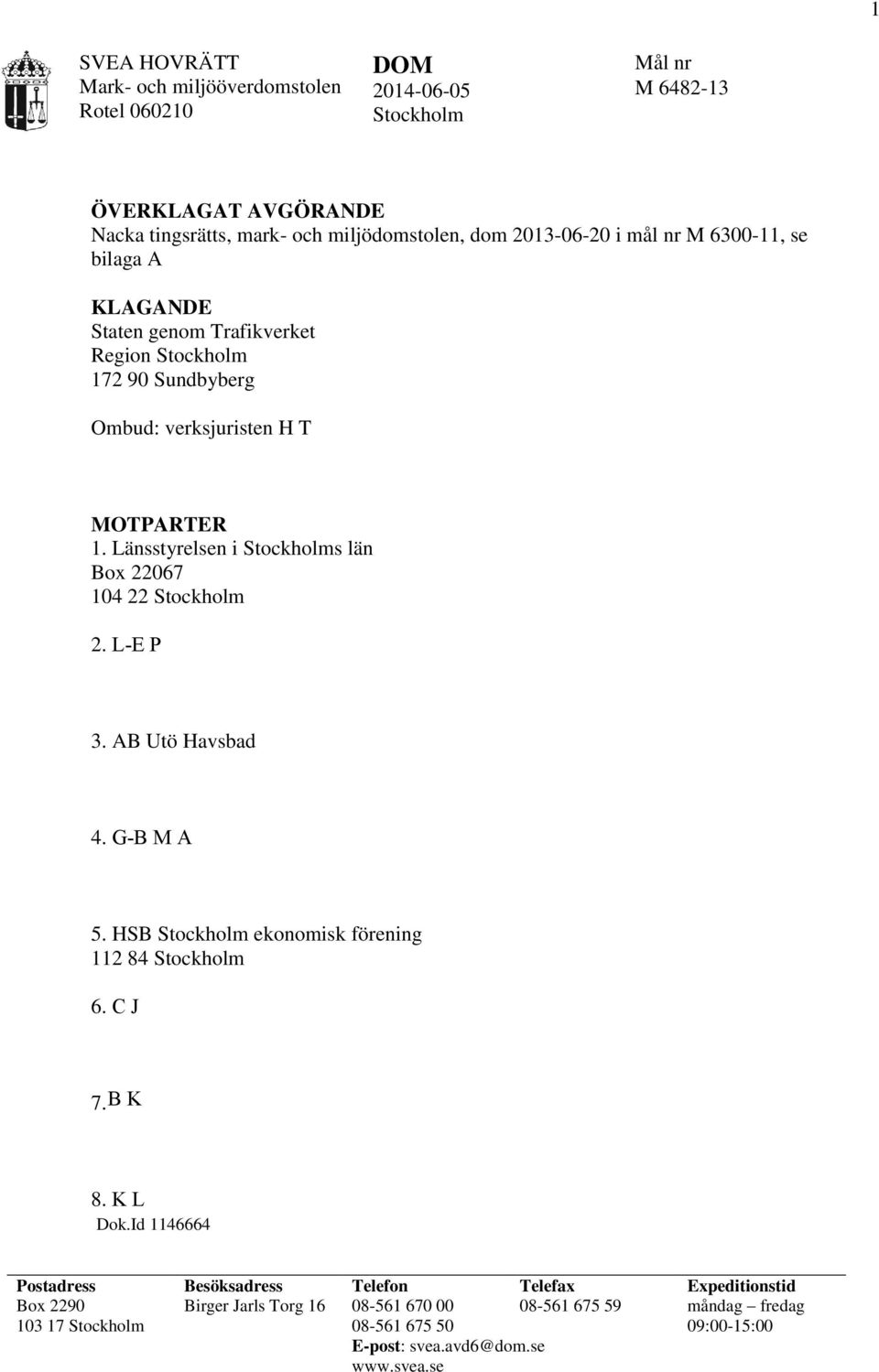 Länsstyrelsen i Stockholms län Box 22067 104 22 Stockholm 2. L-E P 3. AB Utö Havsbad 4. G-B M A 5. HSB Stockholm ekonomisk förening 112 84 Stockholm 6. C J 7.B K 8. K L Dok.