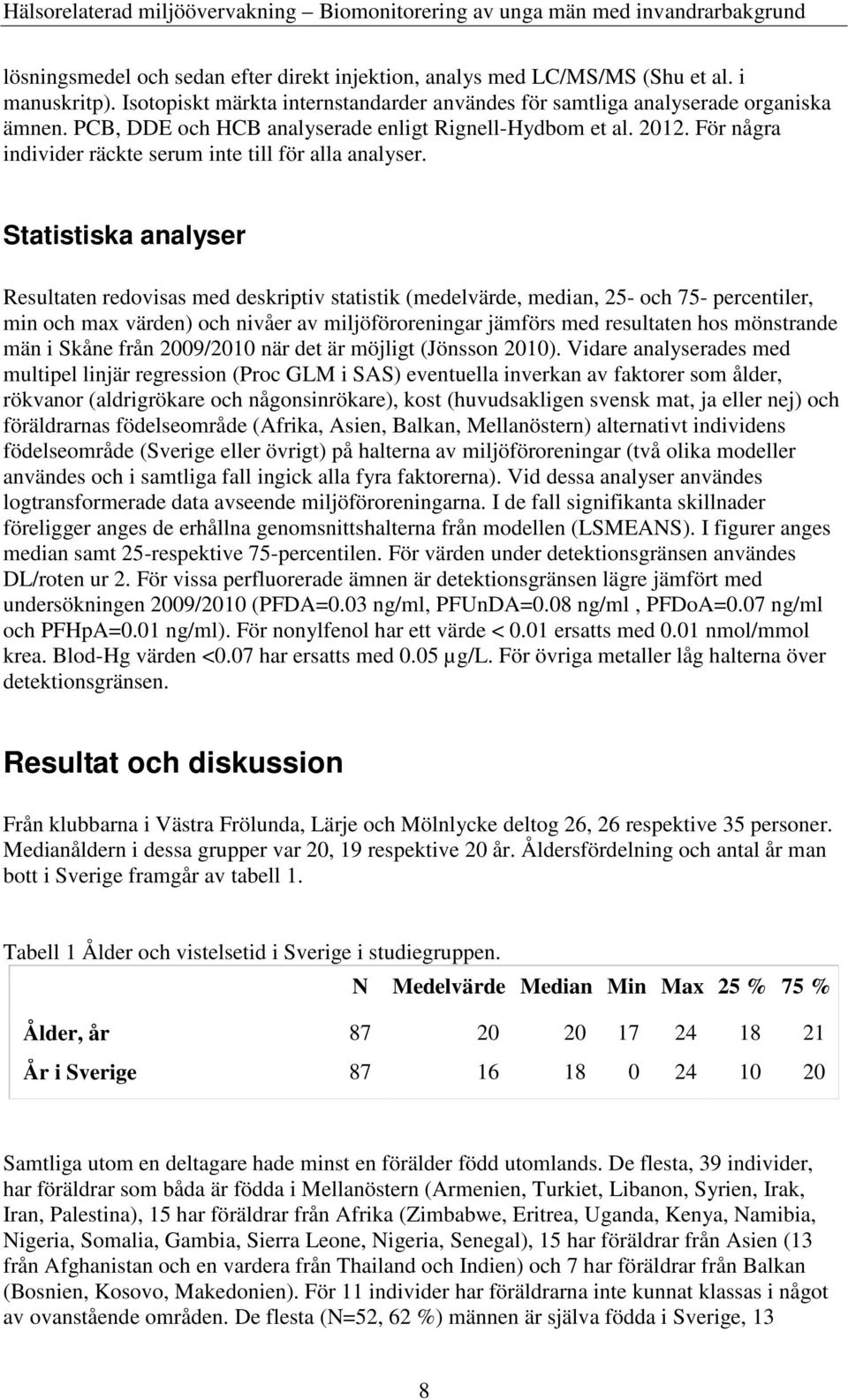 Statistiska analyser Resultaten redovisas med deskriptiv statistik (medelvärde, median, 25- och 75- percentiler, min och max värden) och nivåer av miljöföroreningar jämförs med resultaten hos