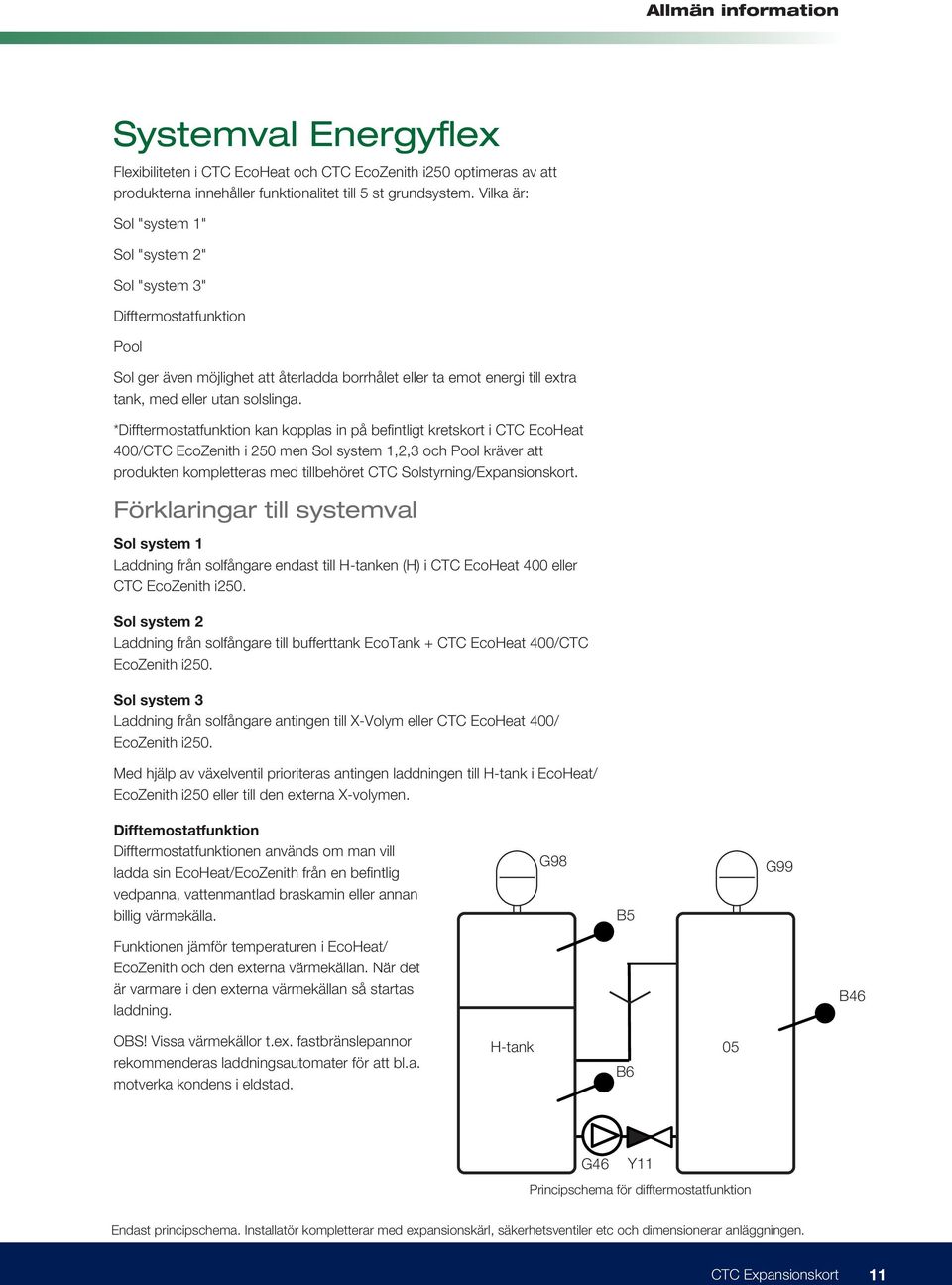 *Difftermostatfunktion kan kopplas in på befintligt kretskort i CTC EcoHeat 400/CTC EcoZenith i 250 men Sol system 1,2,3 och Pool kräver att produkten kompletteras med tillbehöret CTC