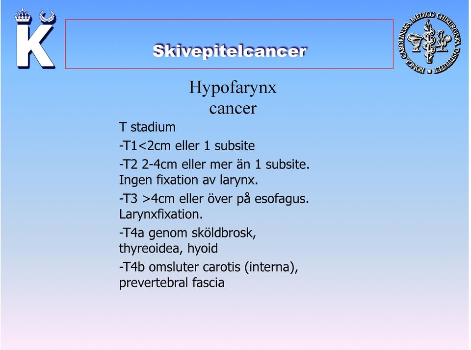 -T3 >4cm eller över på esofagus. Larynxfixation.