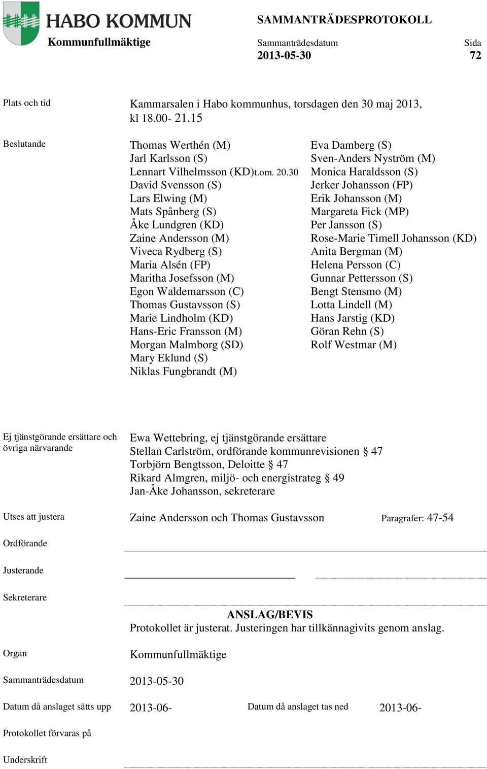 30 David Svensson (S) Lars Elwing (M) Mats Spånberg (S) Åke Lundgren (KD) Zaine Andersson (M) Viveca Rydberg (S) Maria Alsén (FP) Maritha Josefsson (M) Egon Waldemarsson (C) Thomas Gustavsson (S)