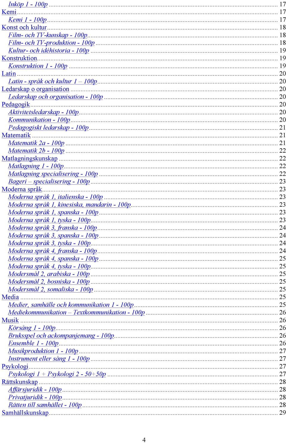 .. 20 Kommunikation - 100p... 20 Pedagogiskt ledarskap - 100p... 21 Matematik... 21 Matematik 2a - 100p... 21 Matematik 2b - 100p... 22 Matlagningskunskap... 22 Matlagning 1-100p.