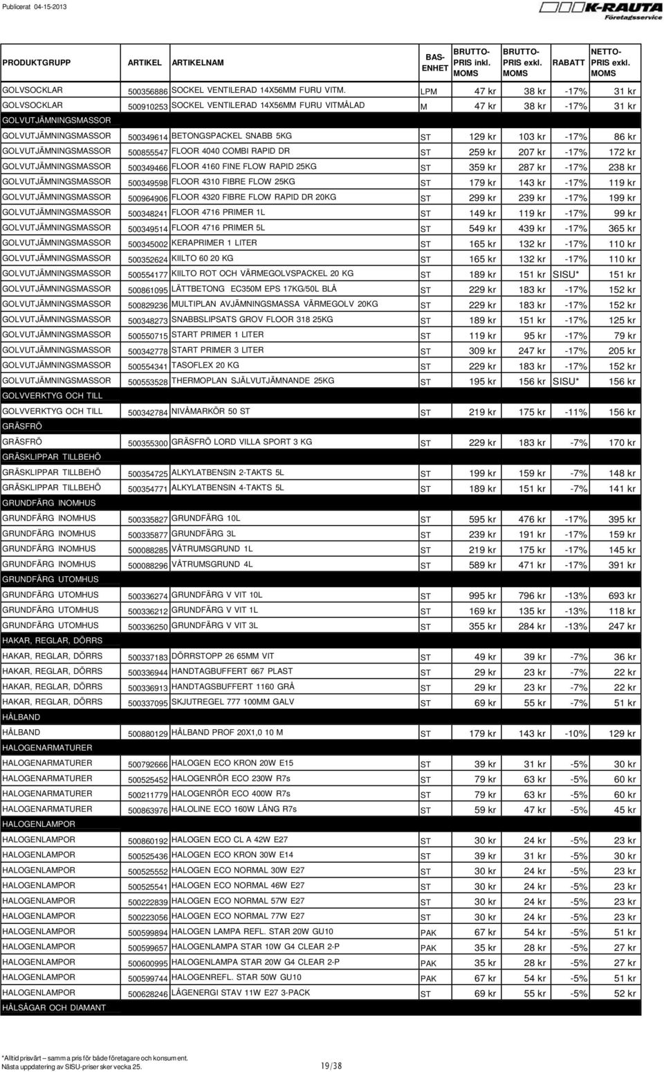 103 kr -17% 86 kr GOLVUTJÄMNINGSMASSOR 500855547 FLOOR 4040 COMBI RAPID DR ST 259 kr 207 kr -17% 172 kr GOLVUTJÄMNINGSMASSOR 500349466 FLOOR 4160 FINE FLOW RAPID 25KG ST 359 kr 287 kr -17% 238 kr