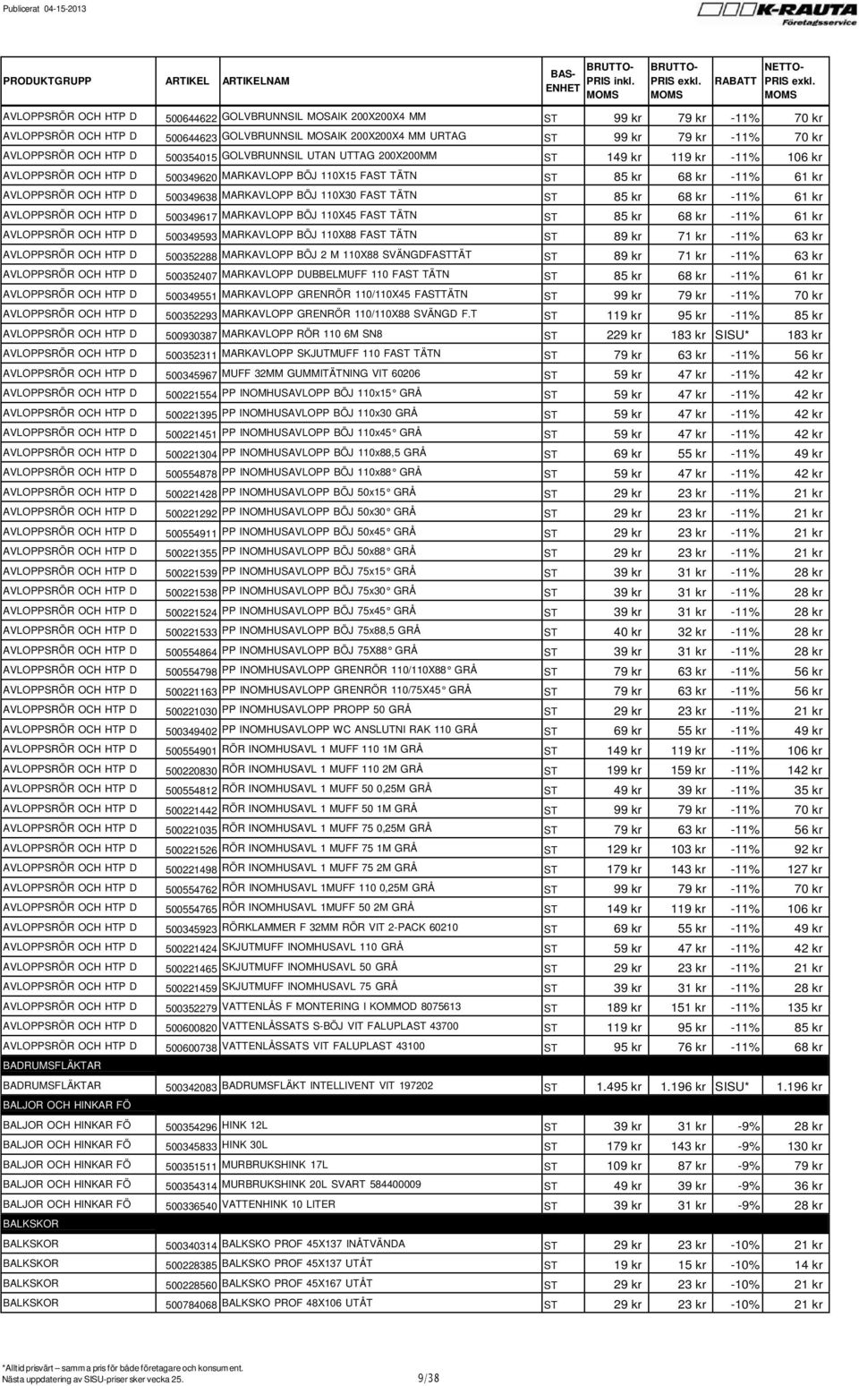 500349638 MARKAVLOPP BÖJ 110X30 FAST TÄTN ST 85 kr 68 kr -11% 61 kr AVLOPPSRÖR OCH HTP D 500349617 MARKAVLOPP BÖJ 110X45 FAST TÄTN ST 85 kr 68 kr -11% 61 kr AVLOPPSRÖR OCH HTP D 500349593 MARKAVLOPP