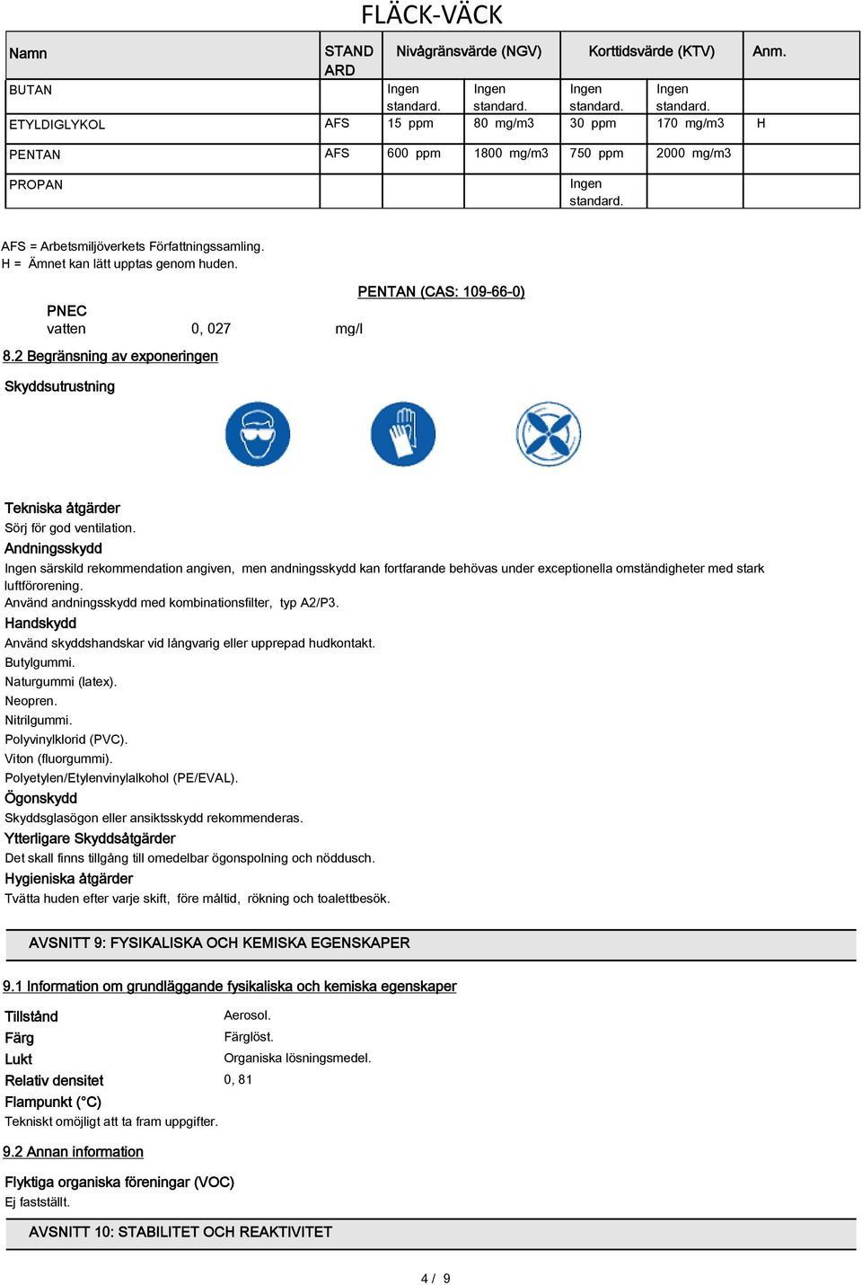 H = Ämnet kan lätt upptas genom huden. PENTAN (CAS: 109-66-0) PNEC vatten 0, 027 mg/l 8.2 Begränsning av exponeringen Skyddsutrustning Tekniska åtgärder Sörj för god ventilation.