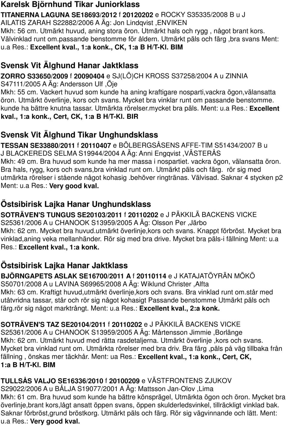 , CK, 1:a B H/T-Kl. BIM Svensk Vit Älghund Hanar Jaktklass ZORRO S33650/2009 f 20090404 e SJ(LÖ)CH KROSS S37258/2004 A u ZINNIA S47111/2005 A Äg: Andersson Ulf,Öje Mkh: 55 cm.