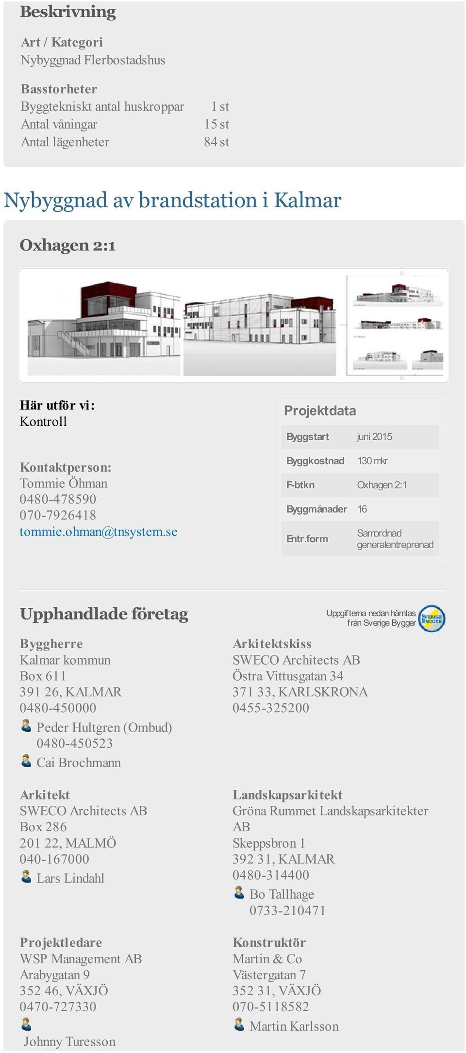 form Samordnad generalentreprenad Kalmar kommun Box 611 391 26, KALMAR 0480-450000 Peder Hultgren (Ombud) 0480-450523 Cai Brochmann SWECO Architects AB Box 286 201 22, MALMÖ 040-167000 Lars Lindahl