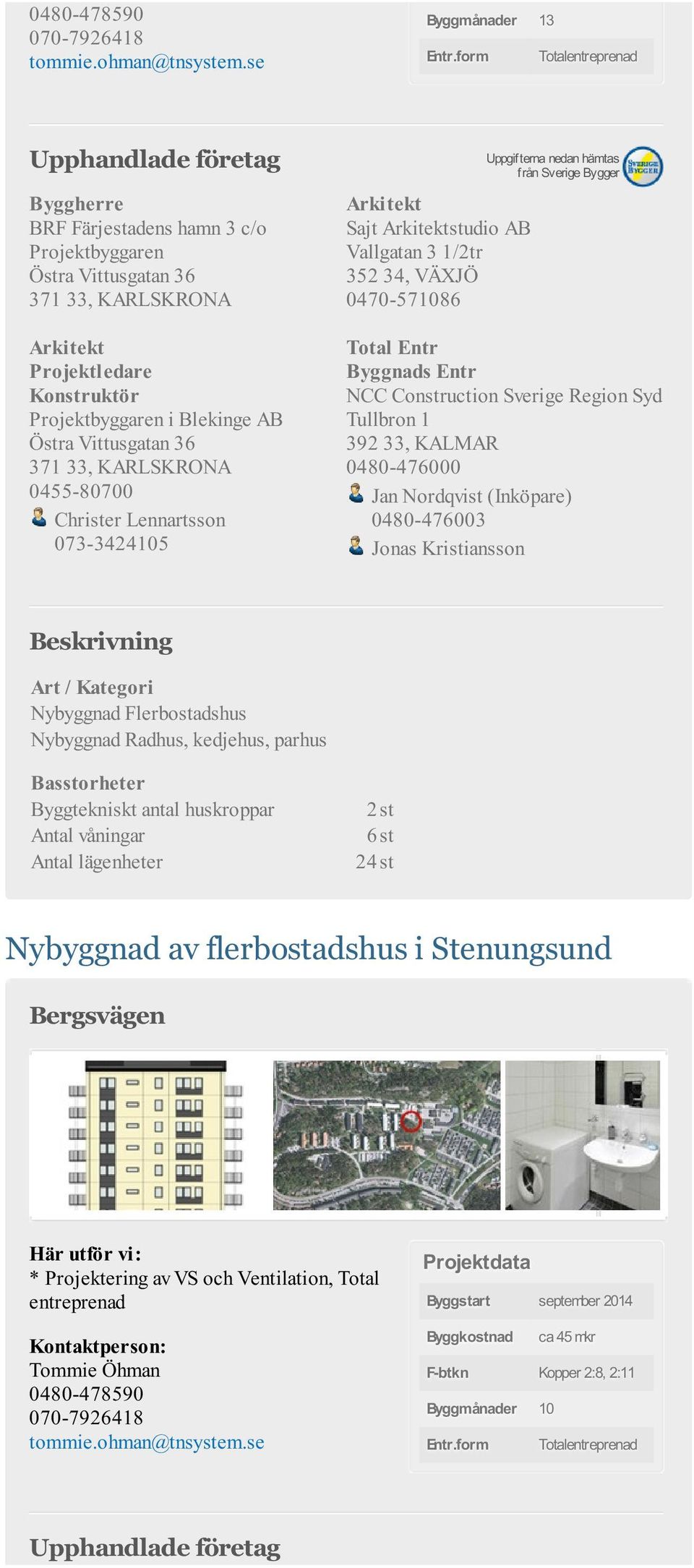 KARLSKRONA 0455-80700 Christer Lennartsson 073-3424105 Sajt studio AB Vallgatan 3 1/2tr 352 34, VÄXJÖ 0470-571086 Total Entr NCC Construction Sverige Region Syd Tullbron 1 392 33, KALMAR 0480-476000