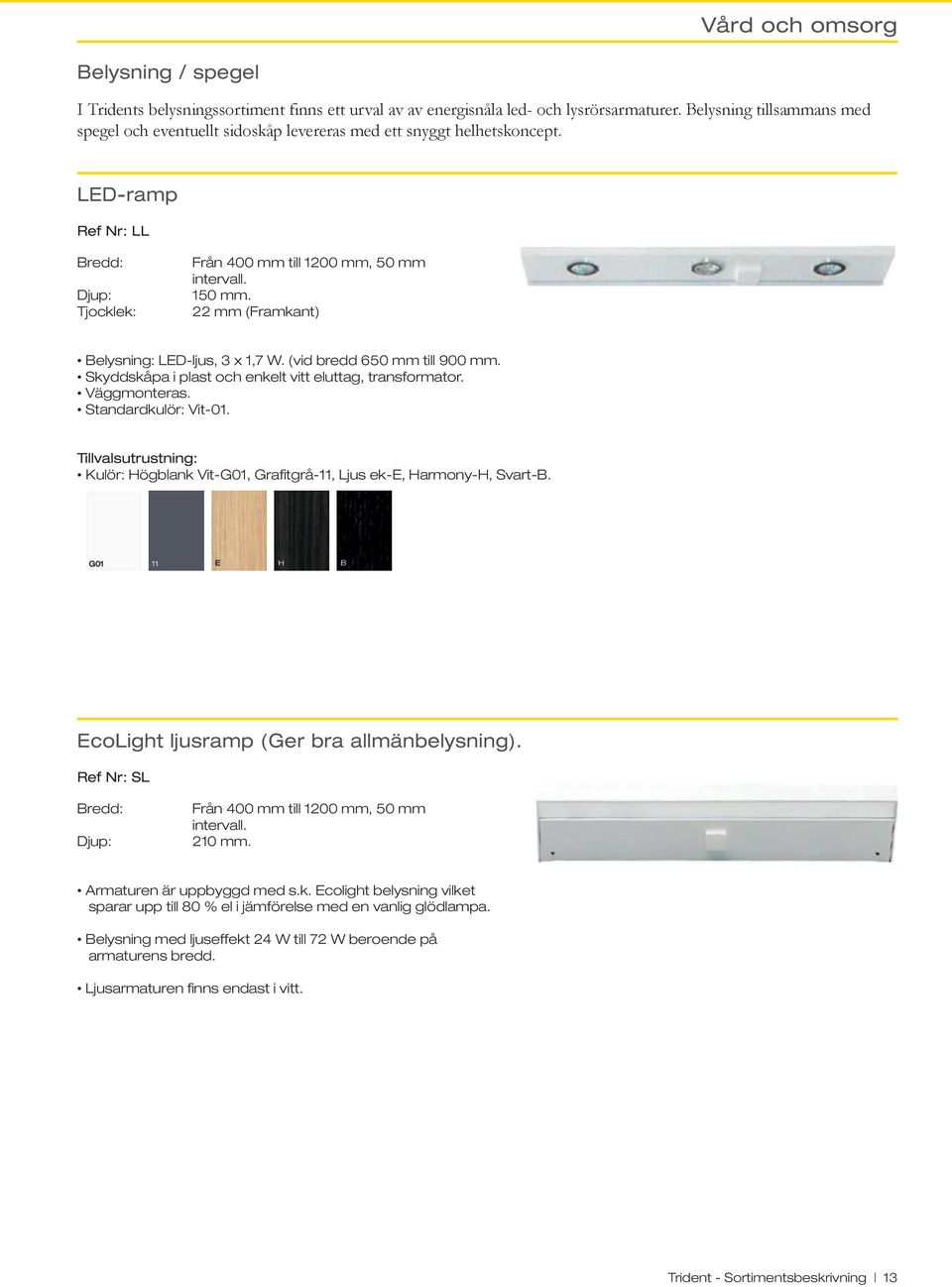 22 mm (Framkant) Belysning: LED-ljus, 3 x 1,7 W. (vid bredd 650 mm till 900 mm. Skyddskåpa i plast och enkelt vitt eluttag, transformator. Väggmonteras. Standardkulör: Vit-01.