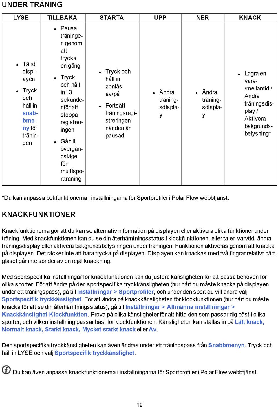 /mellantid / Ändra träningsdisplay / Aktivera bakgrundsbelysning* *Du kan anpassa pekfunktionerna i inställningarna för Sportprofiler i Polar Flow webbtjänst.