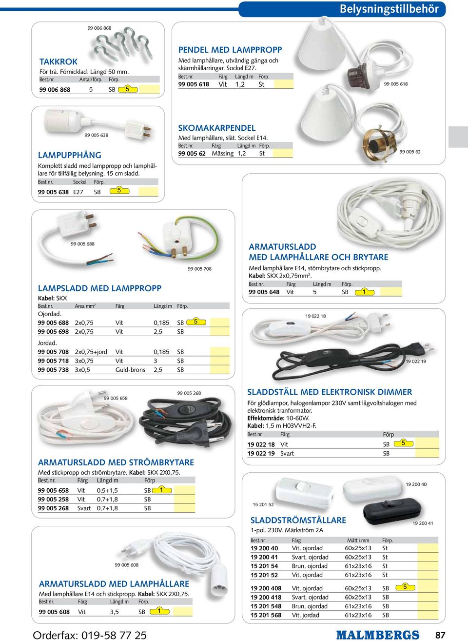 99 00 638 E27 SB SKOMAKARPENDEL Med lamphållare, slät. Sockel E4. Färg Längd m Förp. 99 00 62 Mässing,2 St 99 00 62 99 00 688 LAMPSLADD MED LAMPPROPP Kabel: SKX Area mm 2 Färg Längd m Förp. Ojordad.