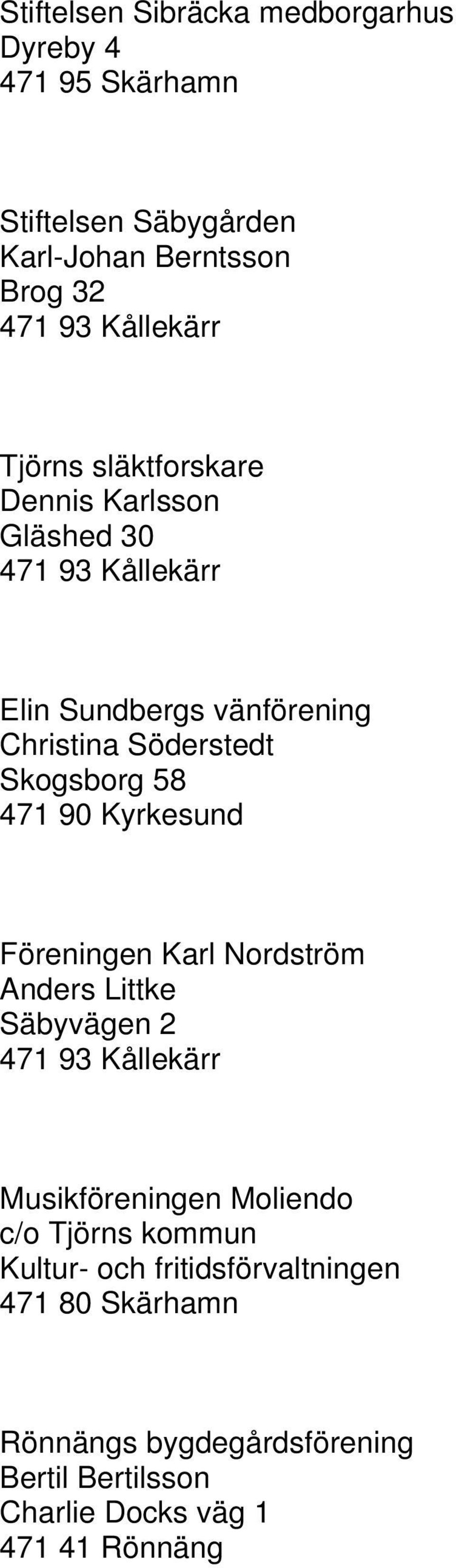 Skogsborg 58 Föreningen Karl Nordström Anders Littke Säbyvägen 2 471 93 Kållekärr Musikföreningen Moliendo c/o Tjörns