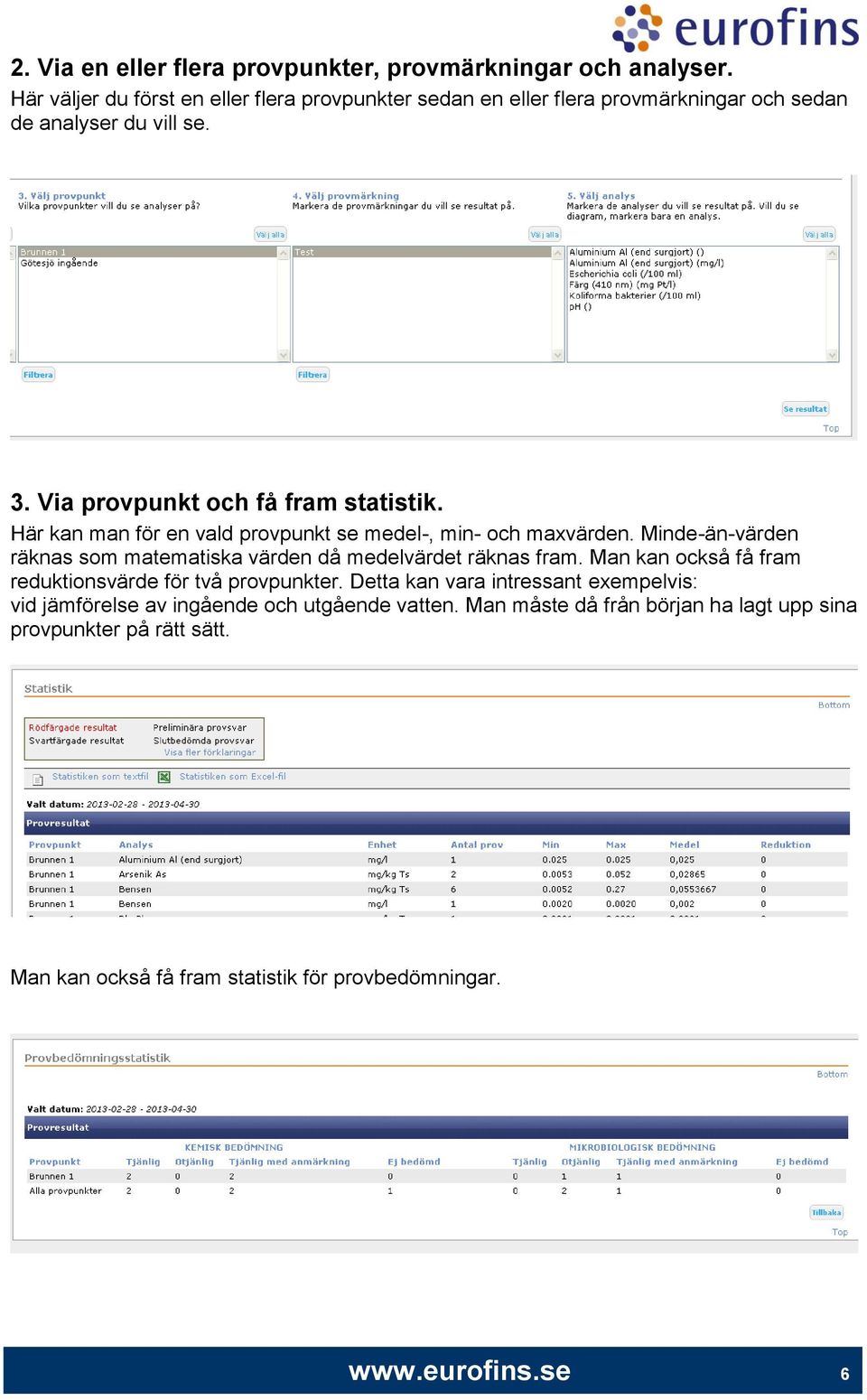 Här kan man för en vald provpunkt se medel-, min- och maxvärden. Minde-än-värden räknas som matematiska värden då medelvärdet räknas fram.