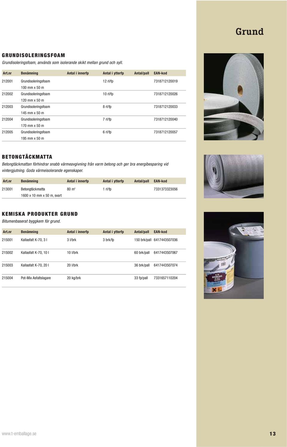 Grundisoleringsfoam 7 rl/fp 7318712120040 170 mm x 50 m 212005 Grundisoleringsfoam 6 rl/fp 7318712120057 195 mm x 50 m BETONGTÄCKMATTA Betongtäckmattan förhindrar snabb värmeavgivning från varm