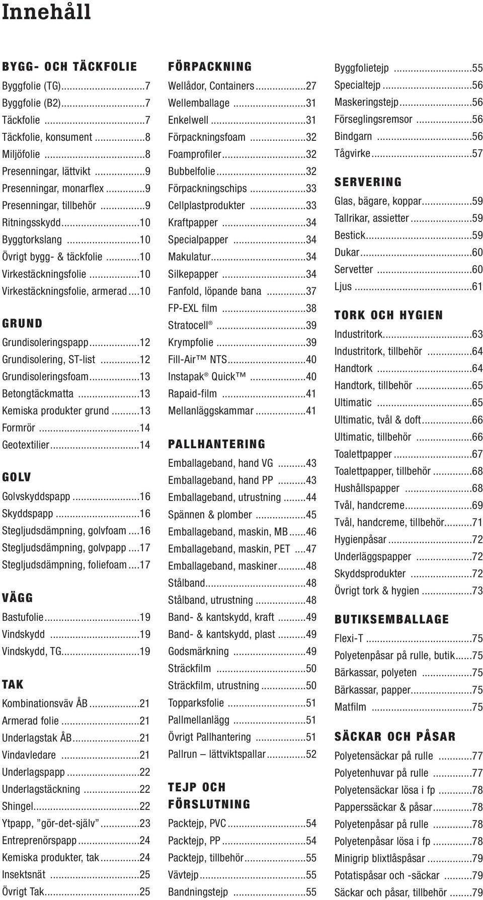 ..12 Grundisoleringsfoam...13 Betongtäckmatta...13 Kemiska produkter grund...13 Formrör...14 Geotextilier...14 GOLV Golvskyddspapp...16 Skyddspapp...16 Stegljudsdämpning, golvfoam.