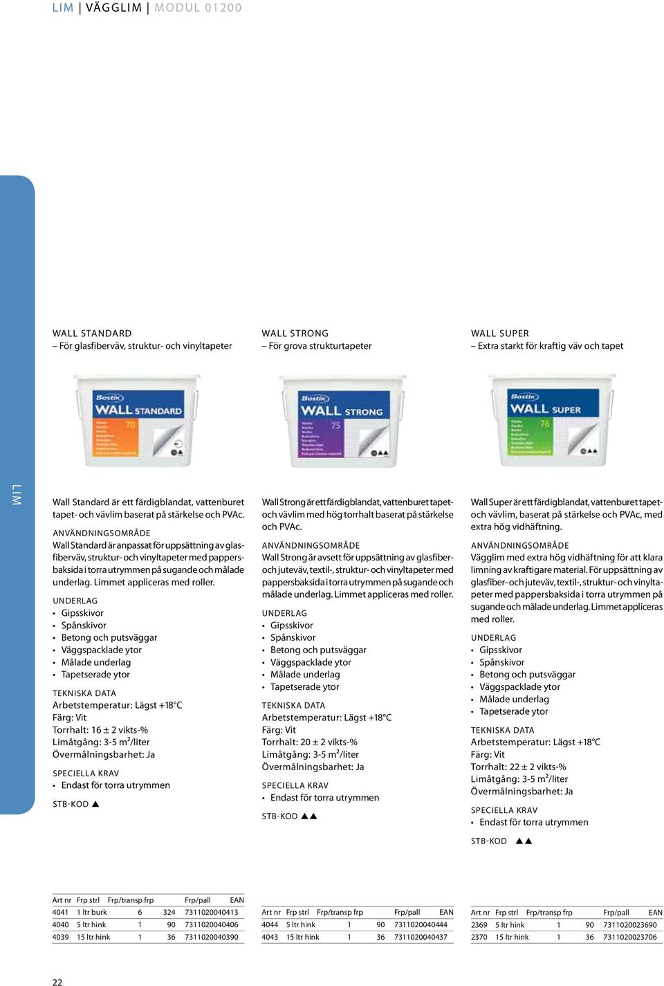 Wall Standard är anpassat för uppsättning av glasfiberväv, struktur- och vinyltapeter med pappersbaksida i torra utrymmen på sugande och målade underlag. Limmet appliceras med roller.