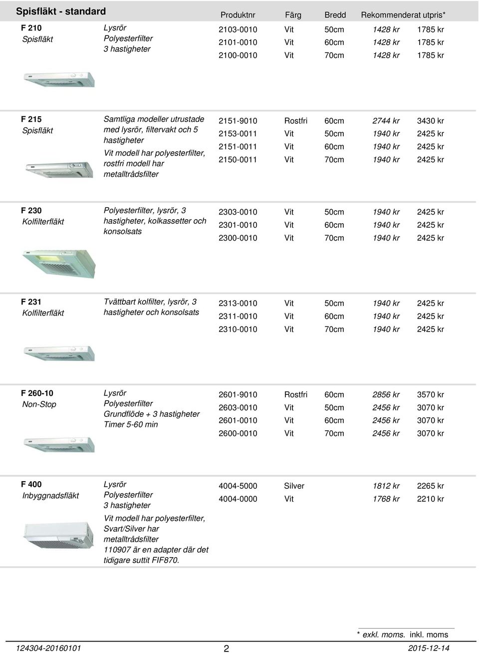 2151-0011 Vit 60cm 2150-0011 Vit 70cm 2744 kr 1940 kr 1940 kr 1940 kr 3430 kr 2425 kr 2425 kr 2425 kr F 230, lysrör, 3 2303-0010 Vit 50cm Kolfilterfläkt hastigheter, kolkassetter och 2301-0010 Vit