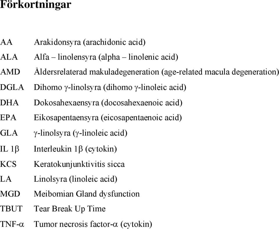 Dokosahexaensyra (docosahexaenoic acid) Eikosapentaensyra (eicosapentaenoic acid) -linolsyra ( -linoleic acid) Interleukin 1