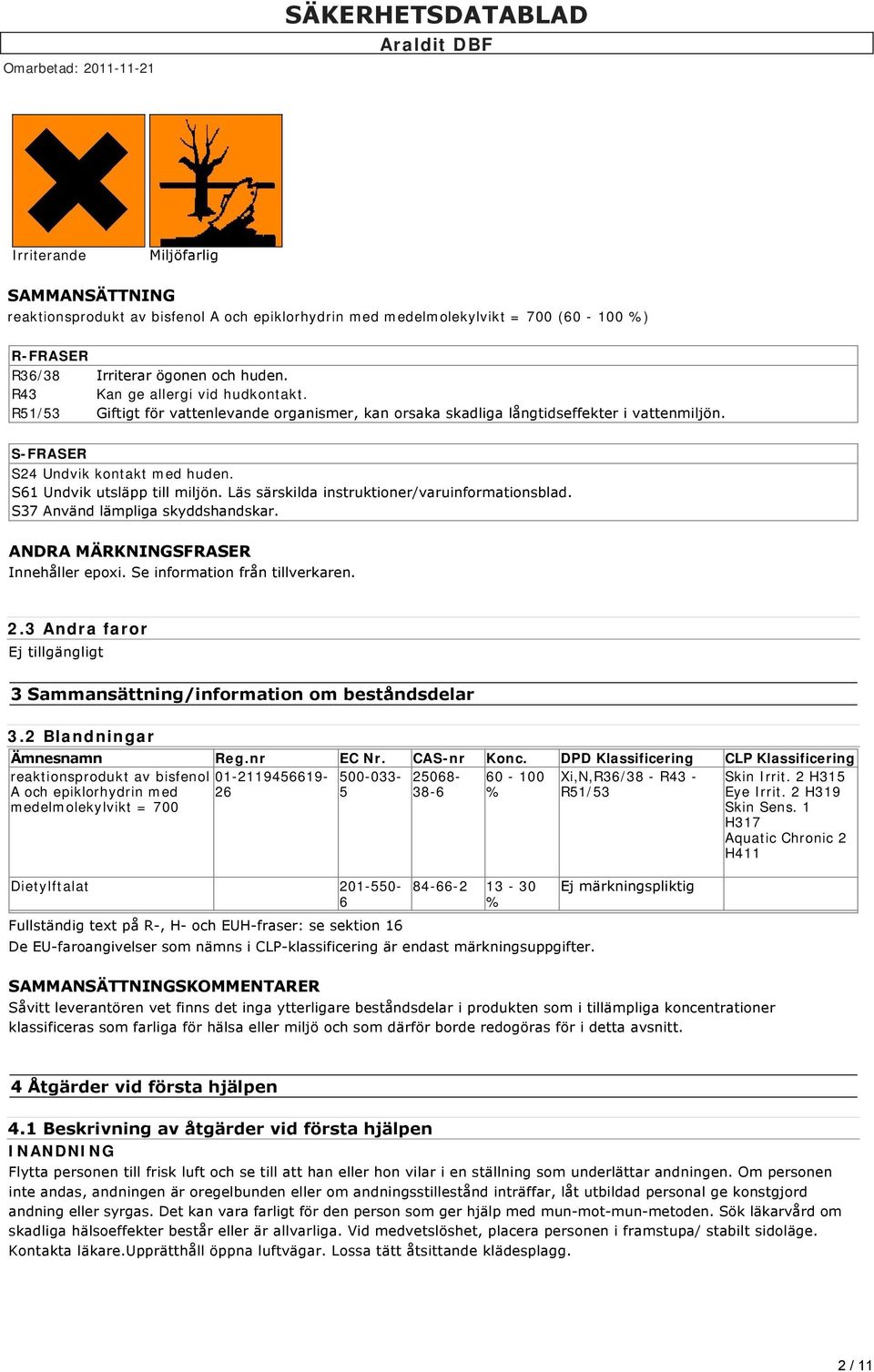 S61 Undvik utsläpp till miljön. Läs särskilda instruktioner/varuinformationsblad. S37 Använd lämpliga skyddshandskar. ANDRA MÄRKNINGSFRASER Innehåller epoxi. Se information från tillverkaren. 2.