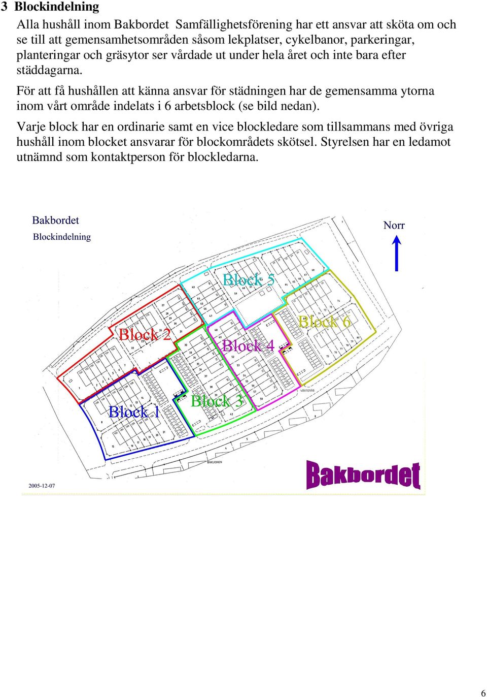 För att få hushållen att känna ansvar för städningen har de gemensamma ytorna inom vårt område indelats i 6 arbetsblock (se bild nedan).