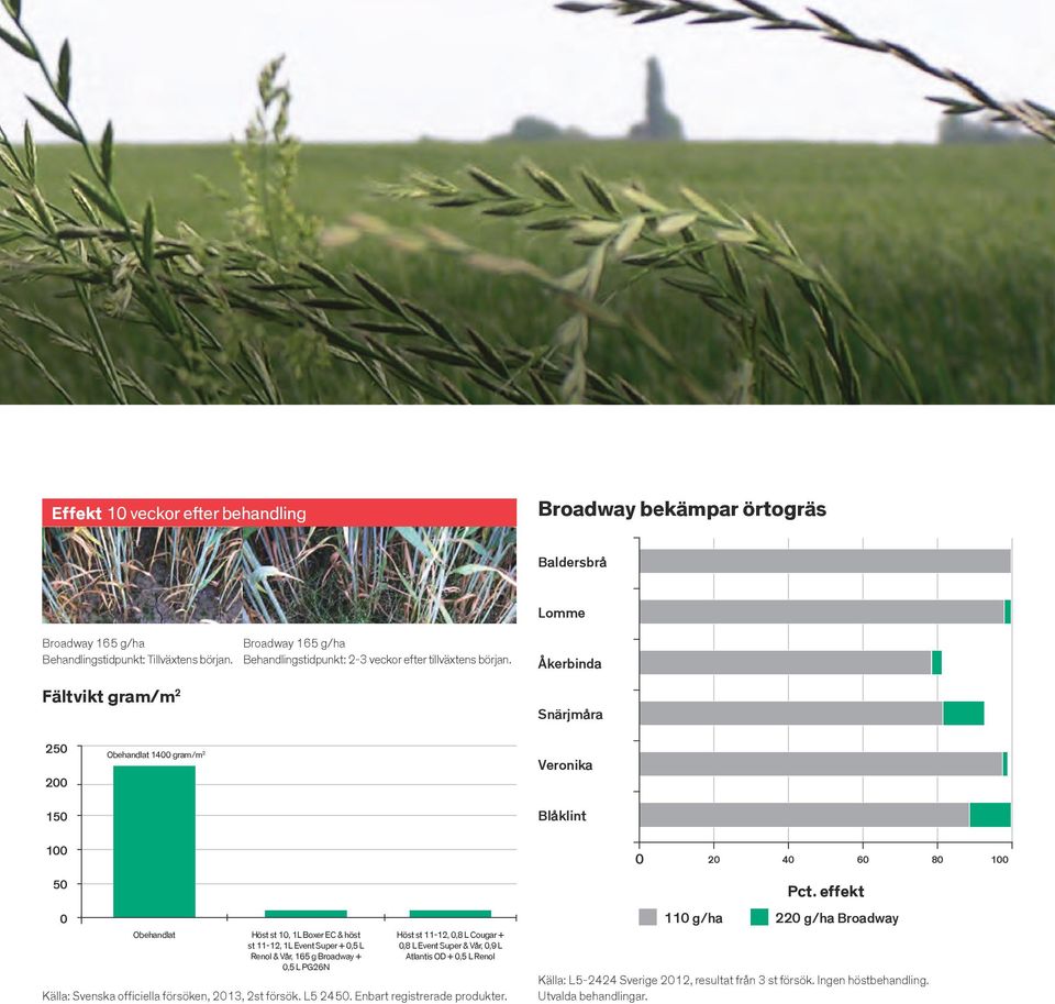 Åkerbinda Snärjmåra 250 200 150 Obehandlat 1400 gram/m 2 Veronika Blåklint 100 50 0 Obehandlat Höst st 10, 1L Boer EC & höst st 11-12, 1L Event Super + 0,5 L Renol & Vår, 165 g +