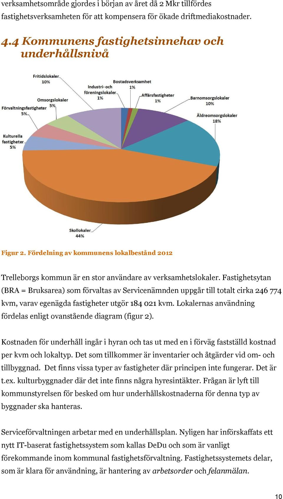 Fastighetsytan (BRA = Bruksarea) som förvaltas av Servicenämnden uppgår till totalt cirka 246 774 kvm, varav egenägda fastigheter utgör 184 021 kvm.