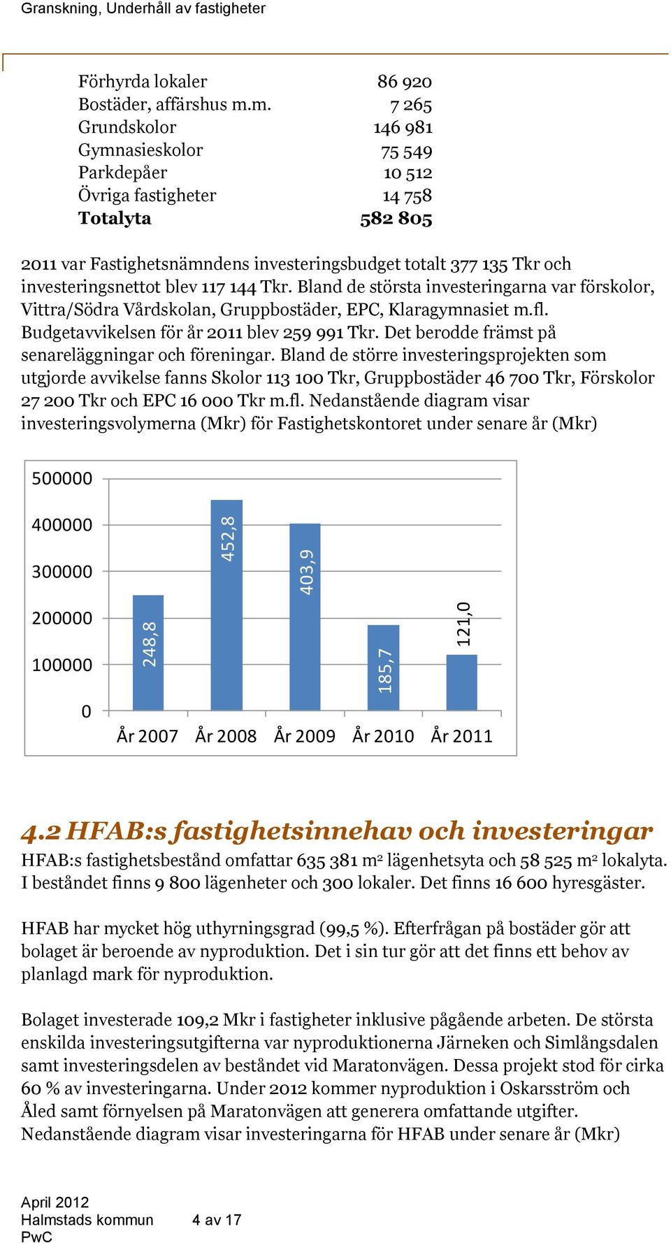 investeringsnettot blev 117 144 Tkr. Bland de största investeringarna var förskolor, Vittra/Södra Vårdskolan, Gruppbostäder, EPC, Klaragymnasiet m.fl. Budgetavvikelsen för år 2011 blev 259 991 Tkr.