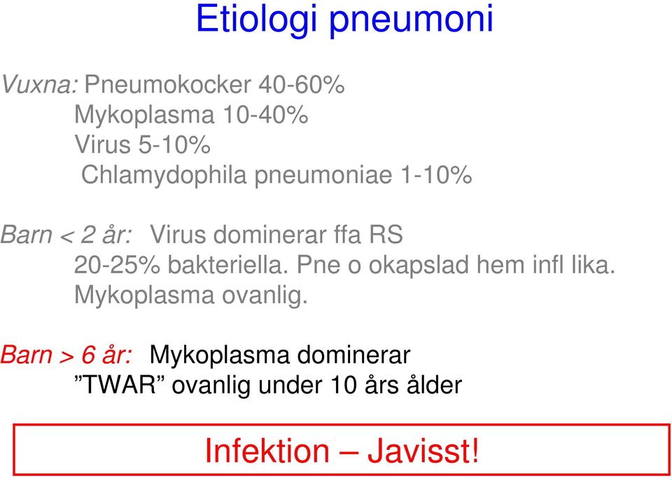 20-25% bakteriella. Pne o okapslad hem infl lika. Mykoplasma ovanlig.