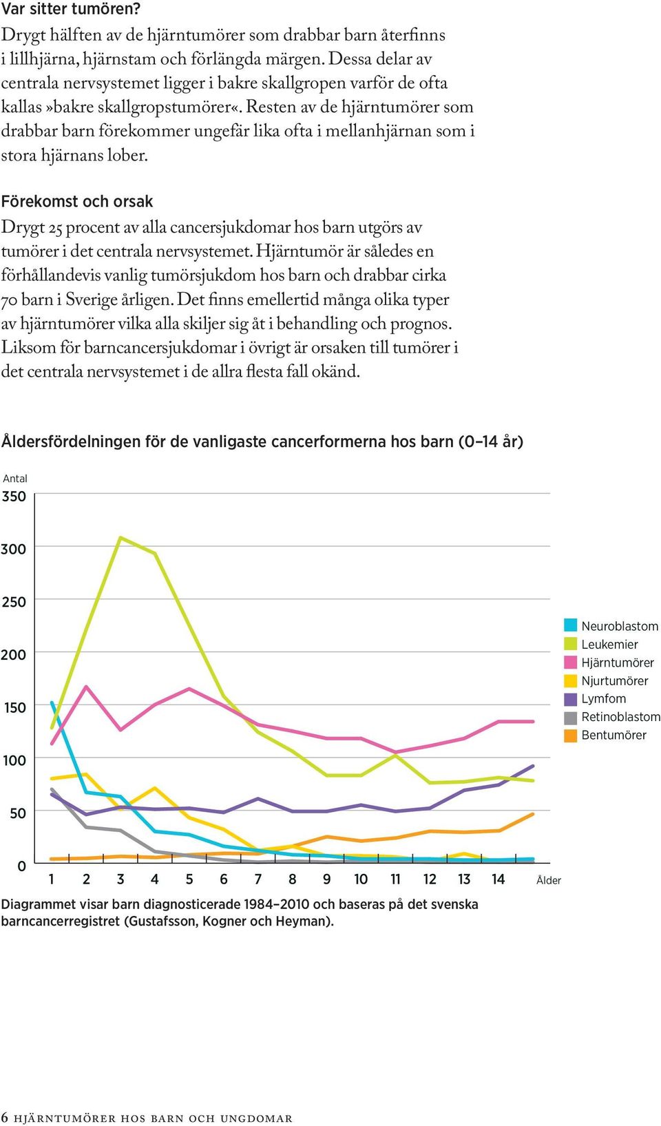 Resten av de hjärntumörer som drabbar barn förekommer ungefär lika ofta i mellan hjärnan som i stora hjärnans lober.