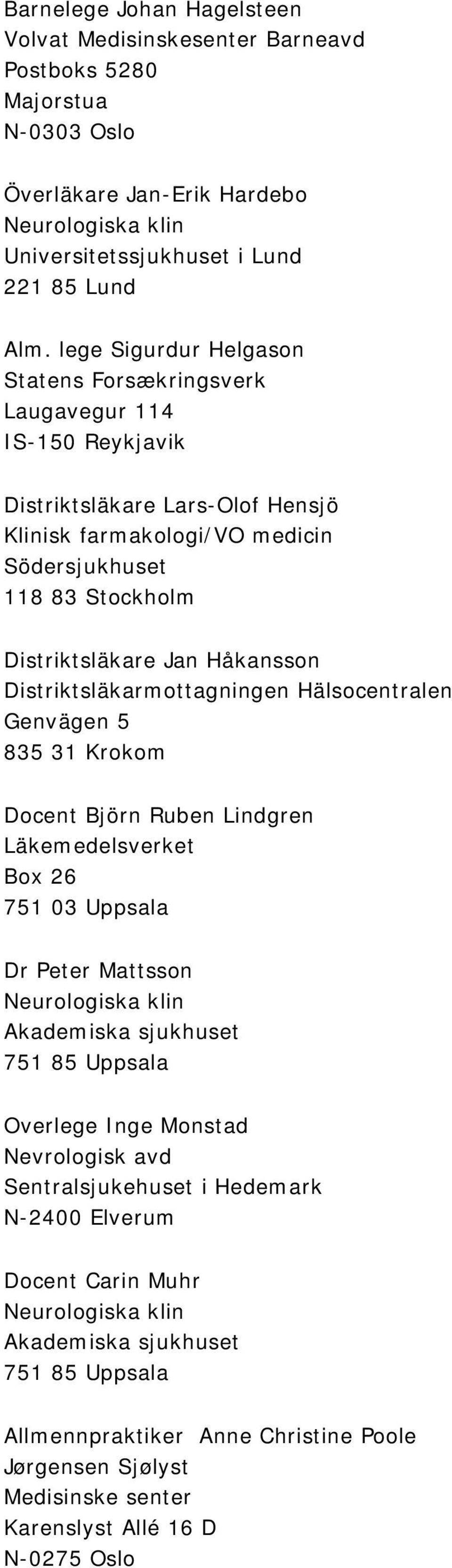 Håkansson Distriktsläkarmottagningen Hälsocentralen Genvägen 5 835 31 Krokom Docent Björn Ruben Lindgren Läkemedelsverket Box 26 751 03 Uppsala Dr Peter Mattsson Neurologiska klin Akademiska