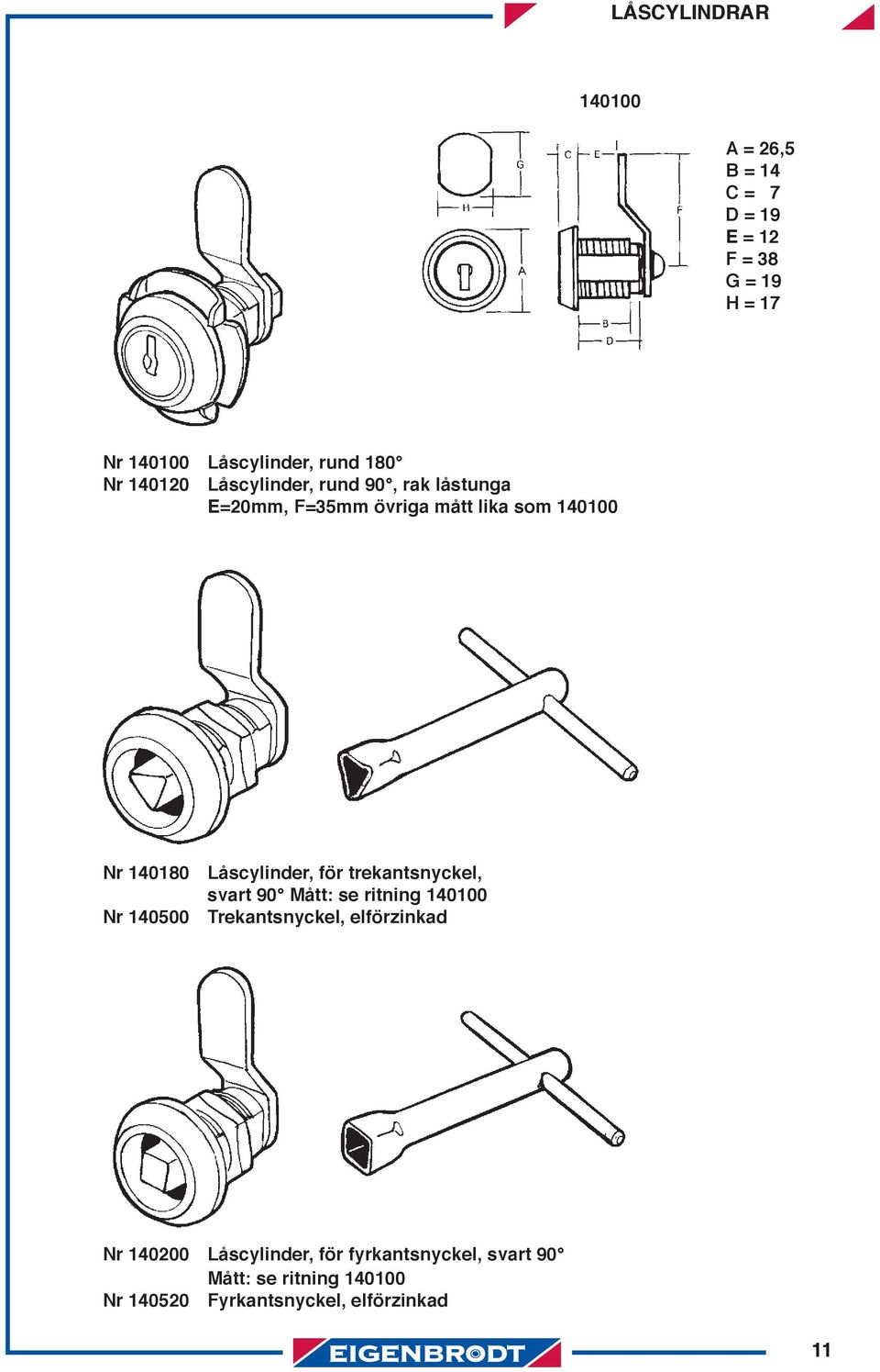 Låscylinder, för trekantsnyckel, svart 90 Mått: se ritning 140100 Nr 140500 Trekantsnyckel, elförzinkad Nr