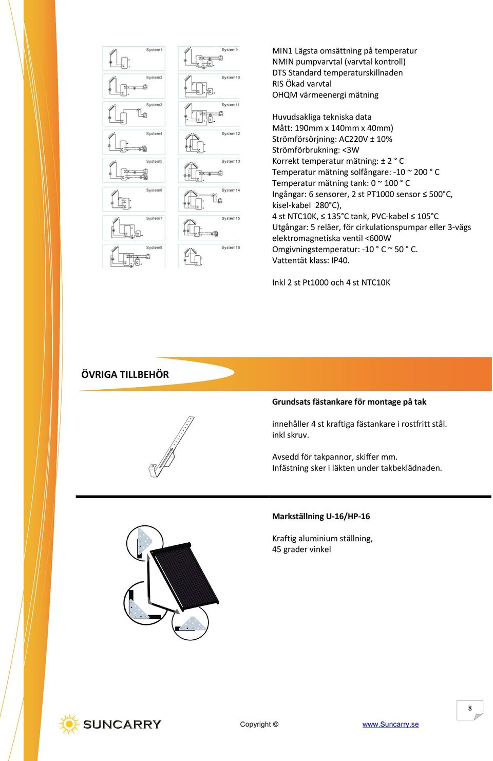 PT1000 sensor 500 C, kisel kabel 280 C), 4 st NTC10K, 135 C tank, PVC kabel 105 C Utgångar: 5 reläer, för cirkulationspumpar eller 3 vägs elektromagnetiska ventil <600W Omgivningstemperatur: 10 C ~