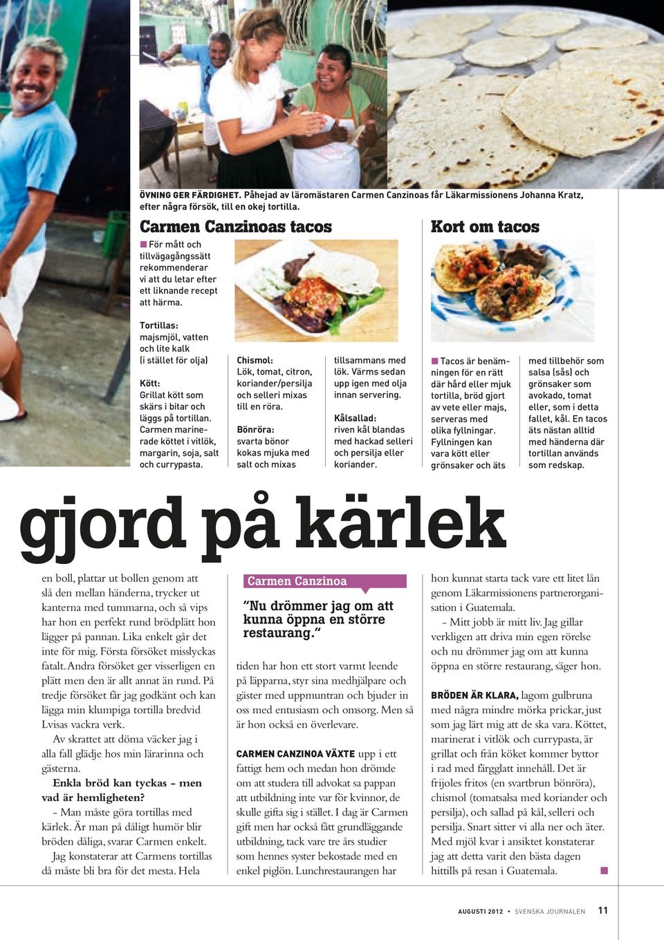 Kort om tacos Tortias: majsmjö, vatten och ite kak (i stäet för oja) Kött: Griat kött som skärs i bitar och äggs på tortian. Carmen marinerade köttet i vitök, margarin, soja, sat och currypasta.