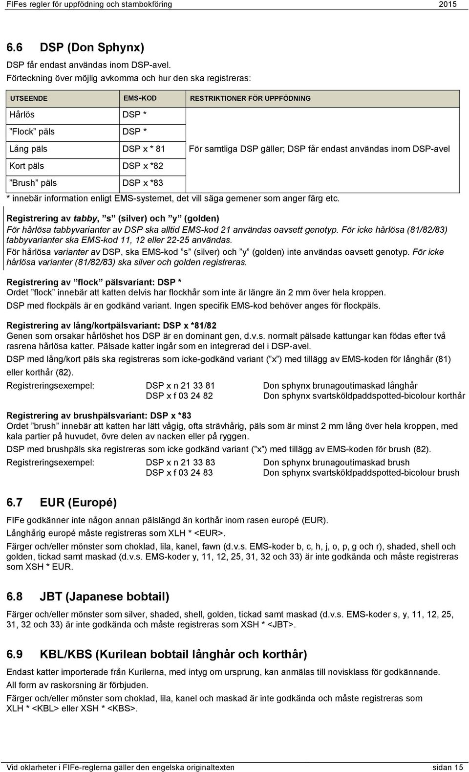 användas inom DSP-avel Kort päls DSP x *82 Brush päls DSP x *83 * innebär information enligt EMS-systemet, det vill säga gemener som anger färg etc.